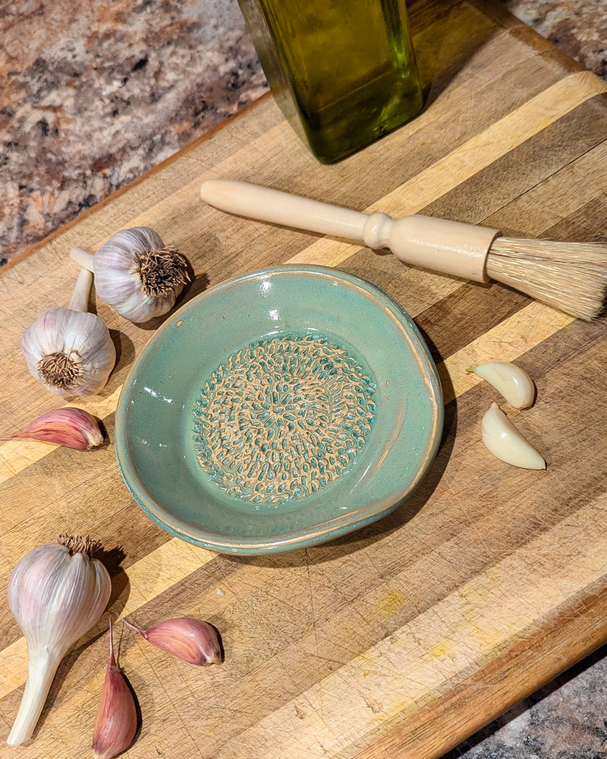Ceramic garlic grater plate in Seafoam — plate only; wooden brush in photo is a prop