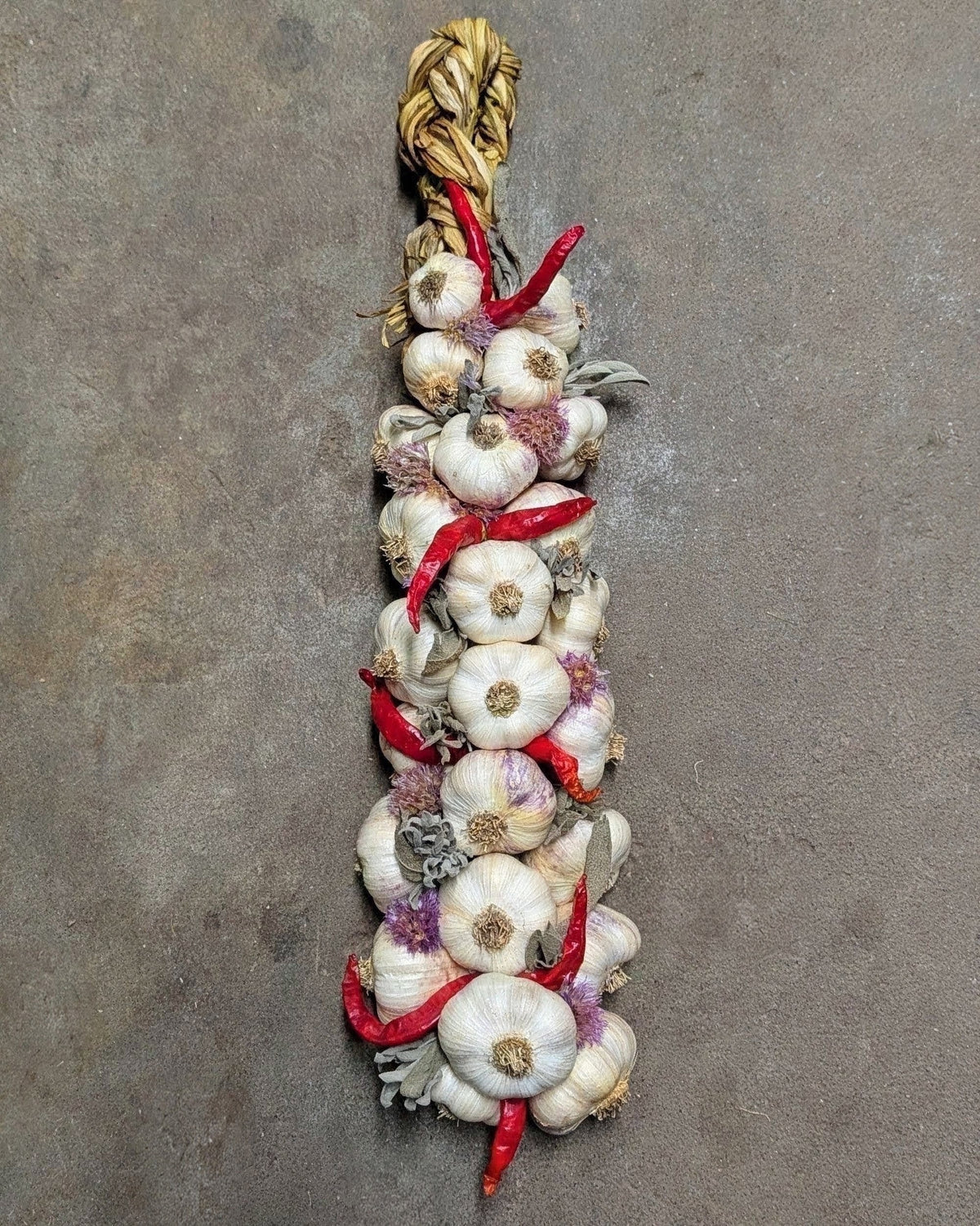Large pepper and herb garlic braid on gray