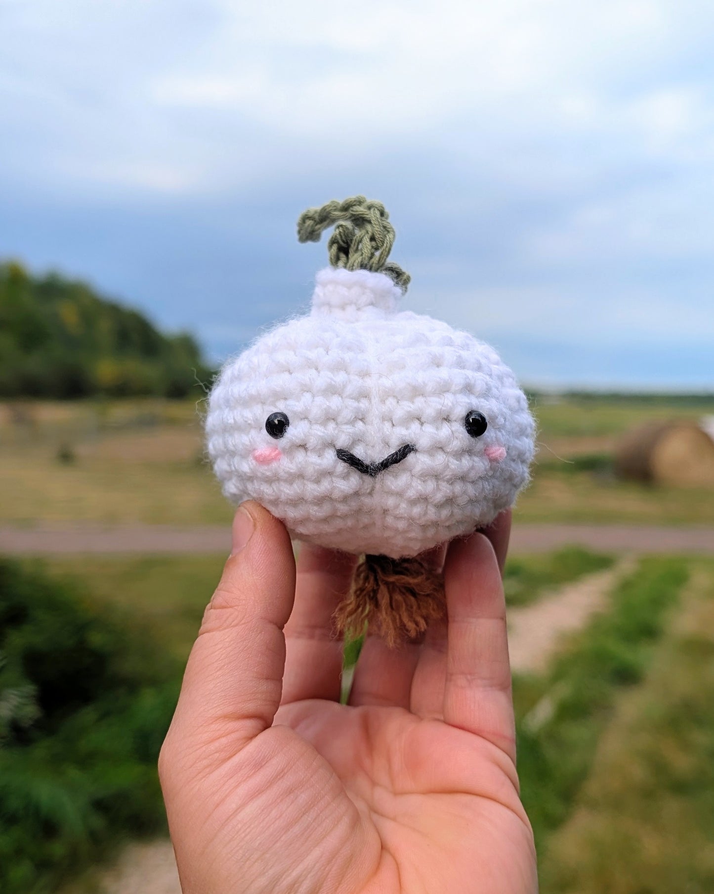 Handmade crochet garlic plush held in a farm field