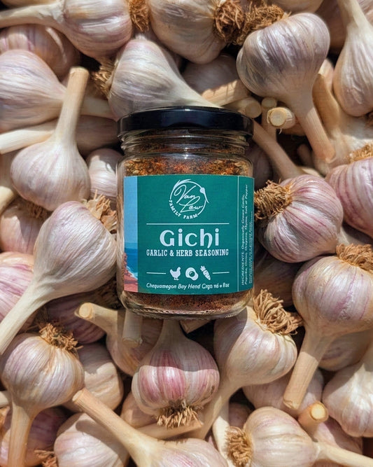 Gichi garlic and herb seasoning 8oz jar from Van Low Family Farm, Marengo Wisconsin, on organic garlic bulbs
