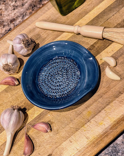 Ceramic garlic grater plate in Cobalt — plate only; wooden brush in photo is a prop