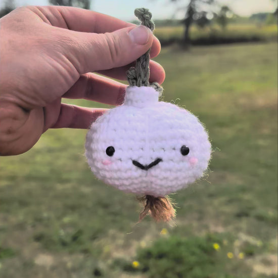 Handmade crochet garlic plush from Van Low Family Farm
